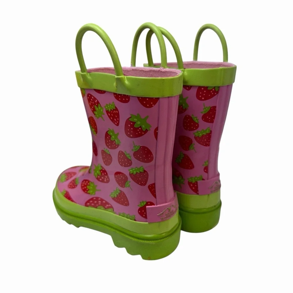 Blue Mountain Kids Strawberry Print Pink Lime Green Rubber Rain Boots BM230 13/1